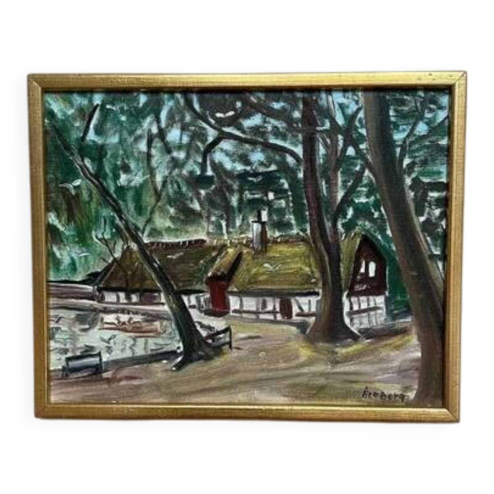 Original Swedish oil on canvas “Secret Huts” by Ake Berg, signed, vintage & framed 41x33cm