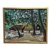 Peinture à l'huile sur toile originale suédoise "Cabines secrètes" par Ake Berg, signée, vintage et encadrée 41x33cm