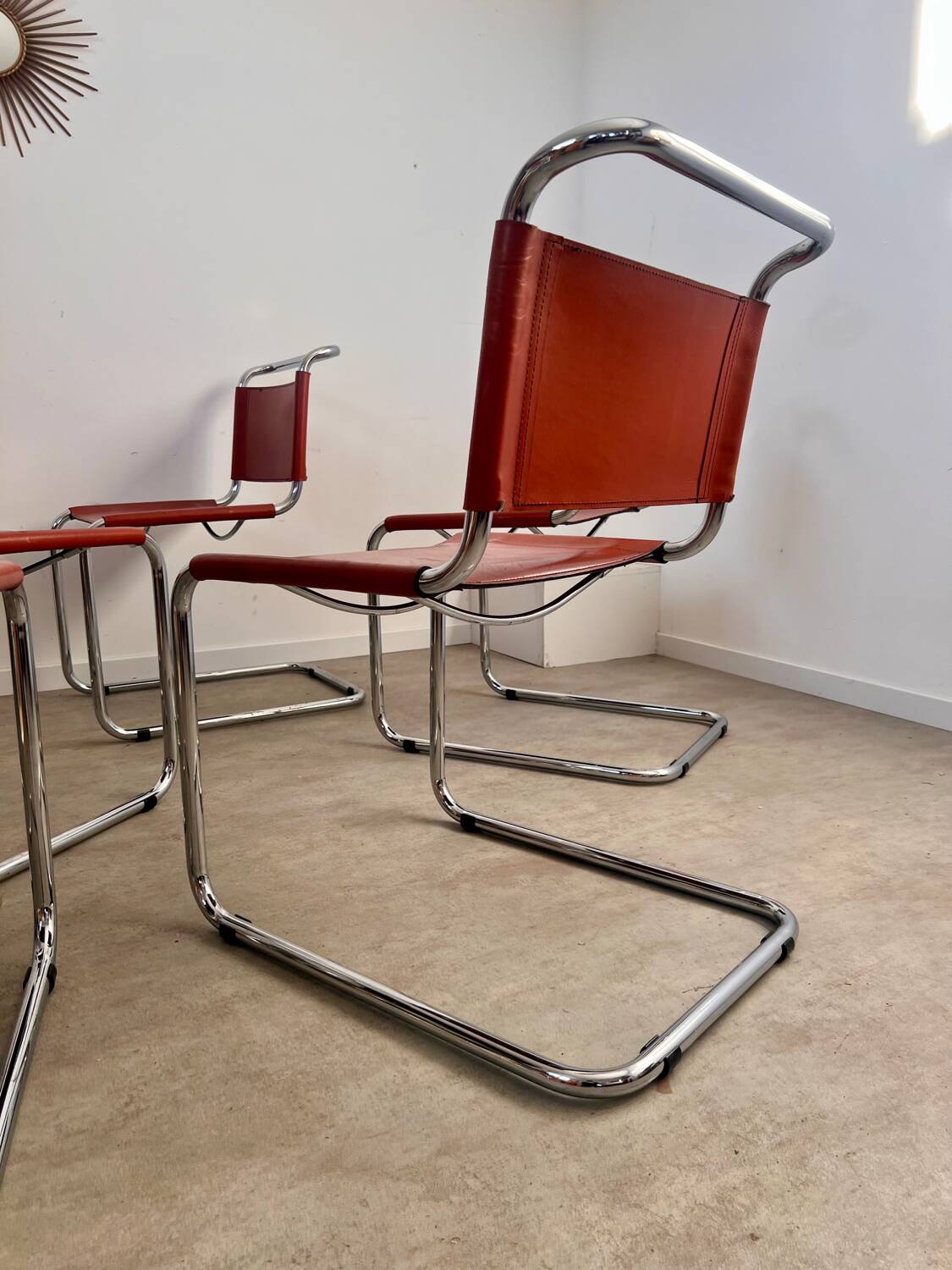 Lot 6 tubular chairs S33 design Mart Stam vintage cognac leather from the 70s