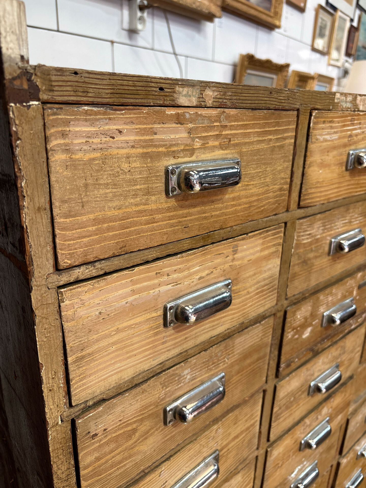 Large antique workshop cabinet with 44 drawers – patinated wood