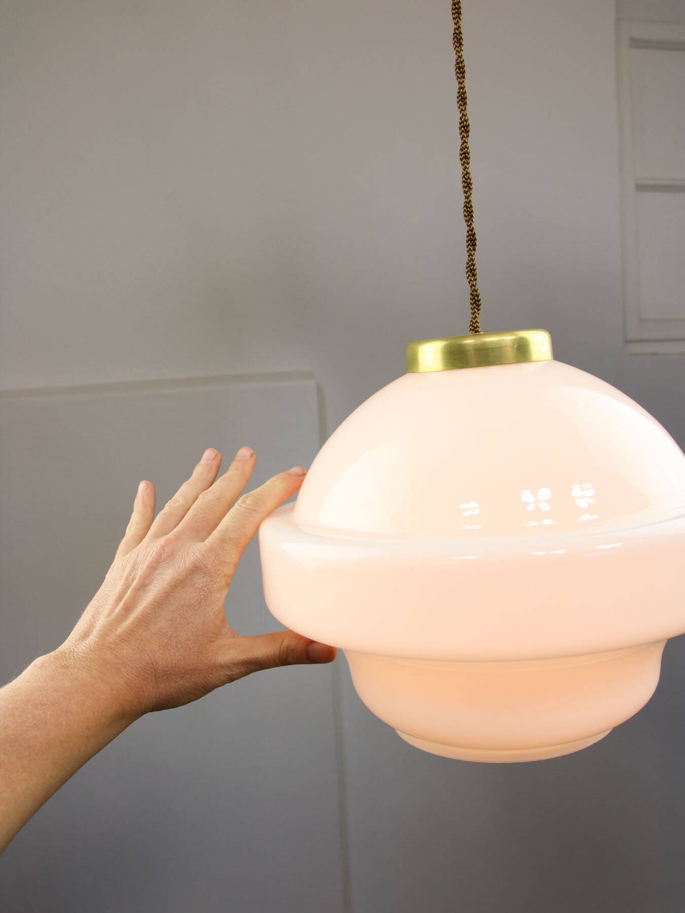 Mid-Century Italian Opaline and Brass Pendant Lamp