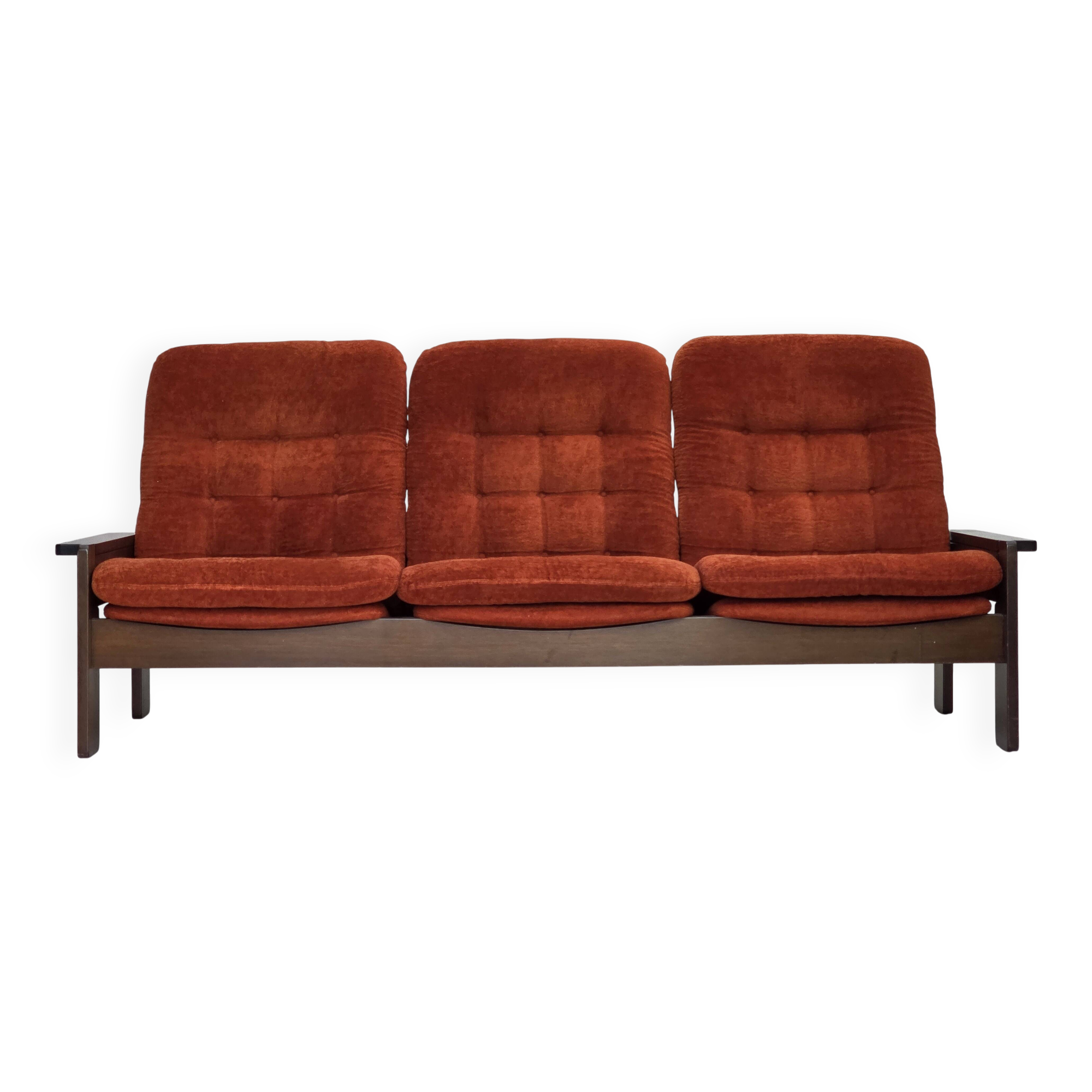 1970s, 3-seater Danish sofa, orange/red furniture velour, oak wood.