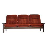 1970s, 3-seater Danish sofa, orange/red furniture velour, oak wood.