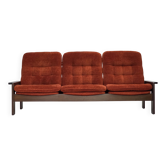 1970s, 3-seater Danish sofa, orange/red furniture velour, oak wood.