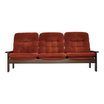 1970s, 3-seater Danish sofa, orange/red furniture velour, oak wood.