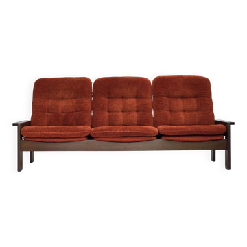 1970s, 3-seater Danish sofa, orange/red furniture velour, oak wood.
