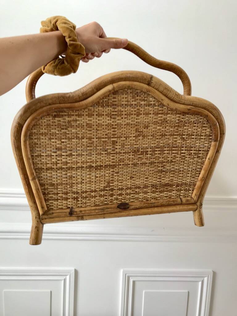 Magazine holder / Pine hutch in rattan, bamboo and canning 70s