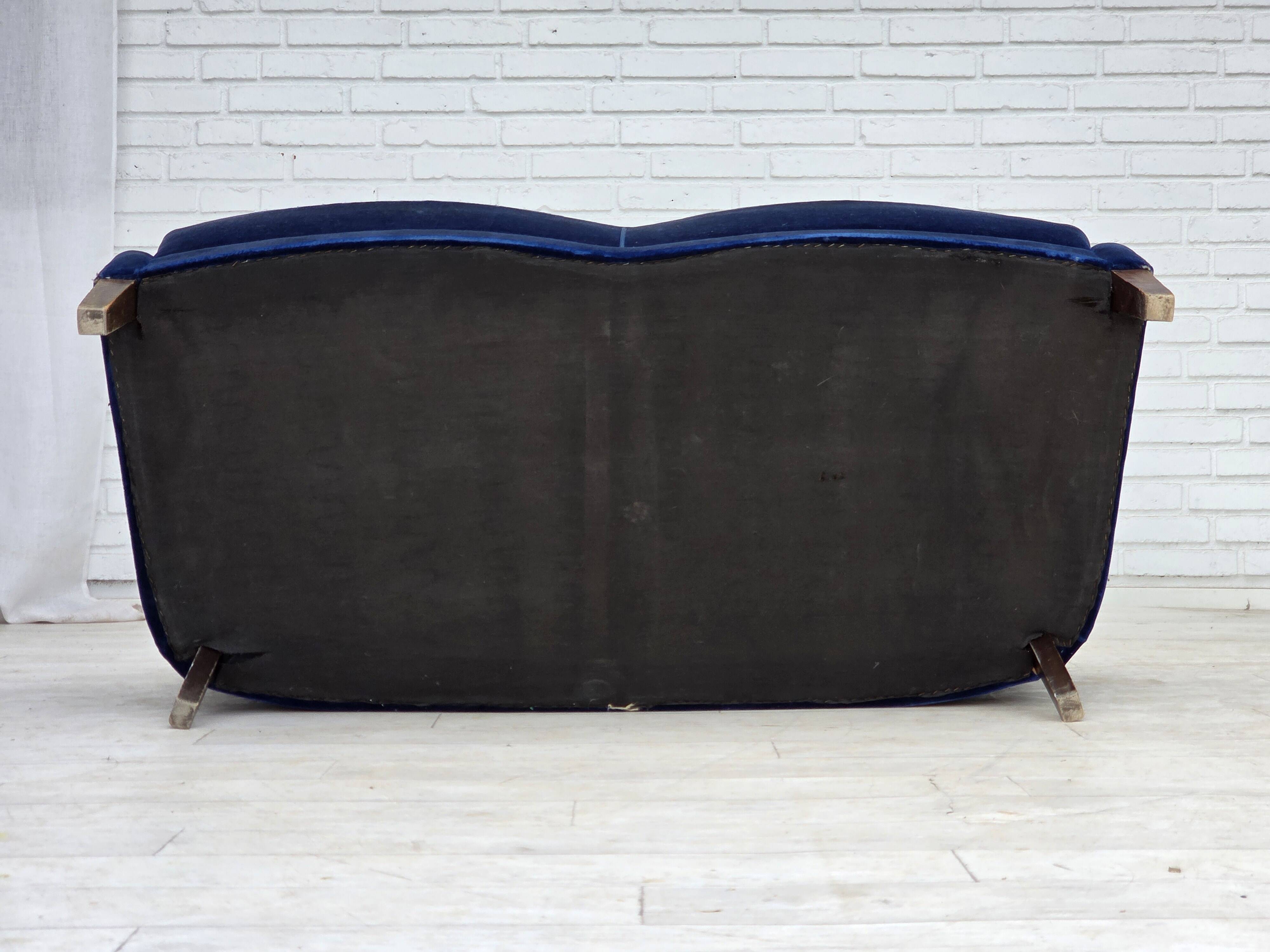 1960s, Danish 2-seater sofa. dark blue furniture velour.