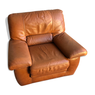 Ancien fauteuil cuir marron clair années 70 assise vintage