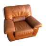 Ancien fauteuil cuir marron clair années 70 assise vintage