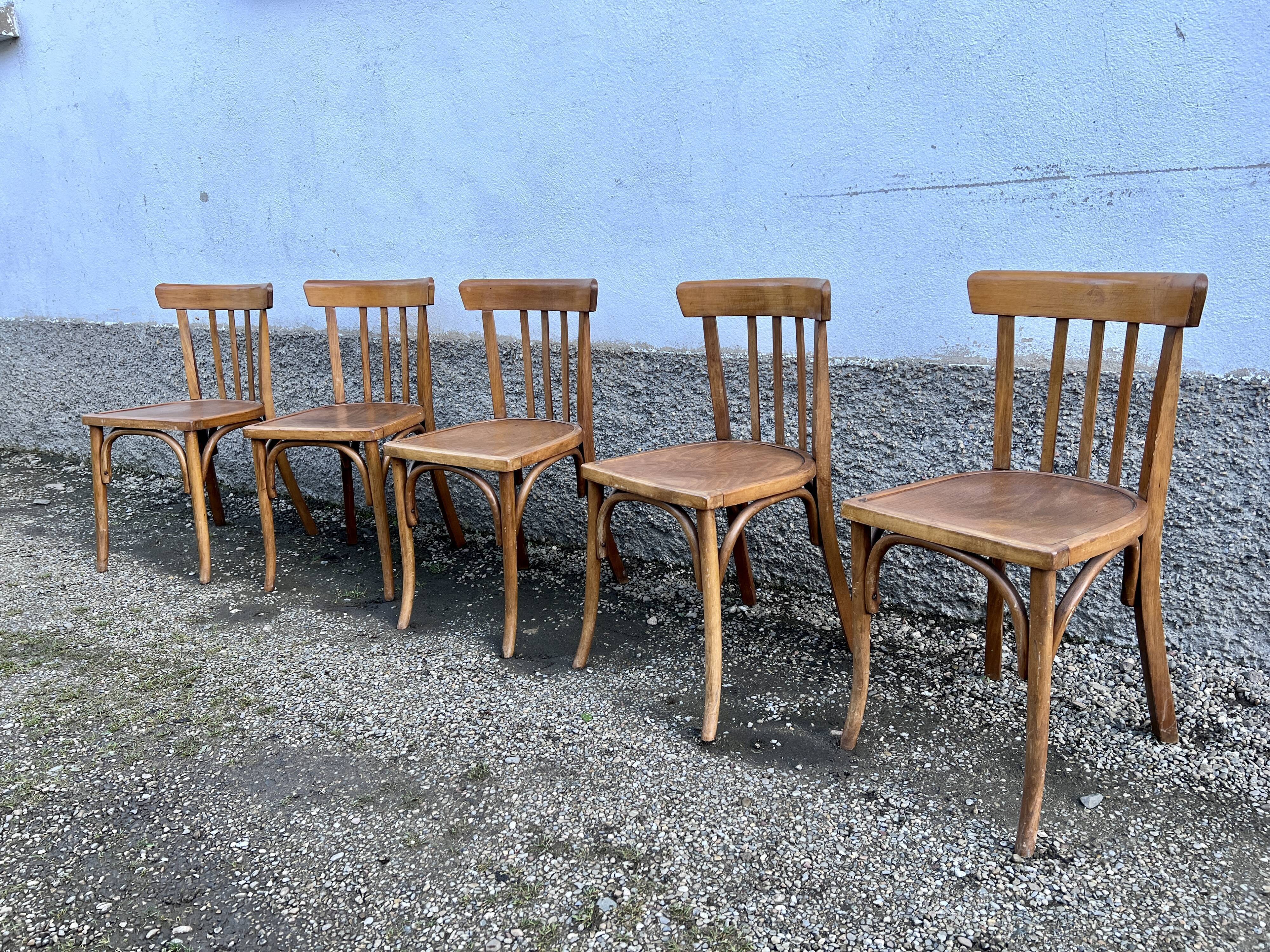 Series of 5 bistro/bohemian beech chairs - vintage - 1950