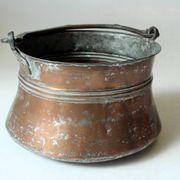 Large copper planter with wrought iron handle, Boho, vintage from the 1950s