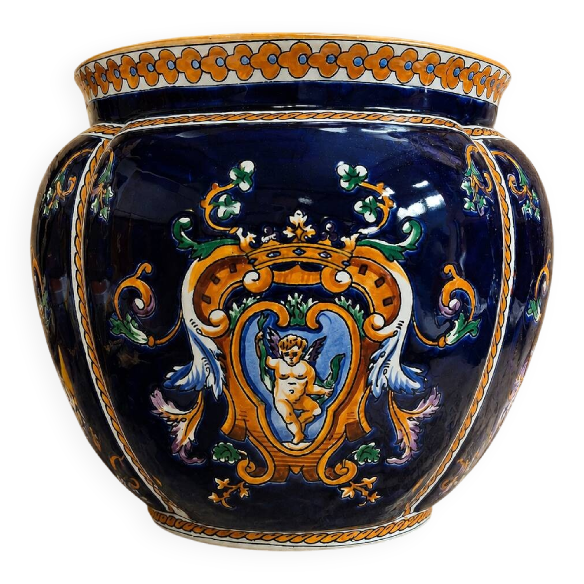 Gien: Glazed earthenware cache-pot with heraldic decoration – Renaissance style