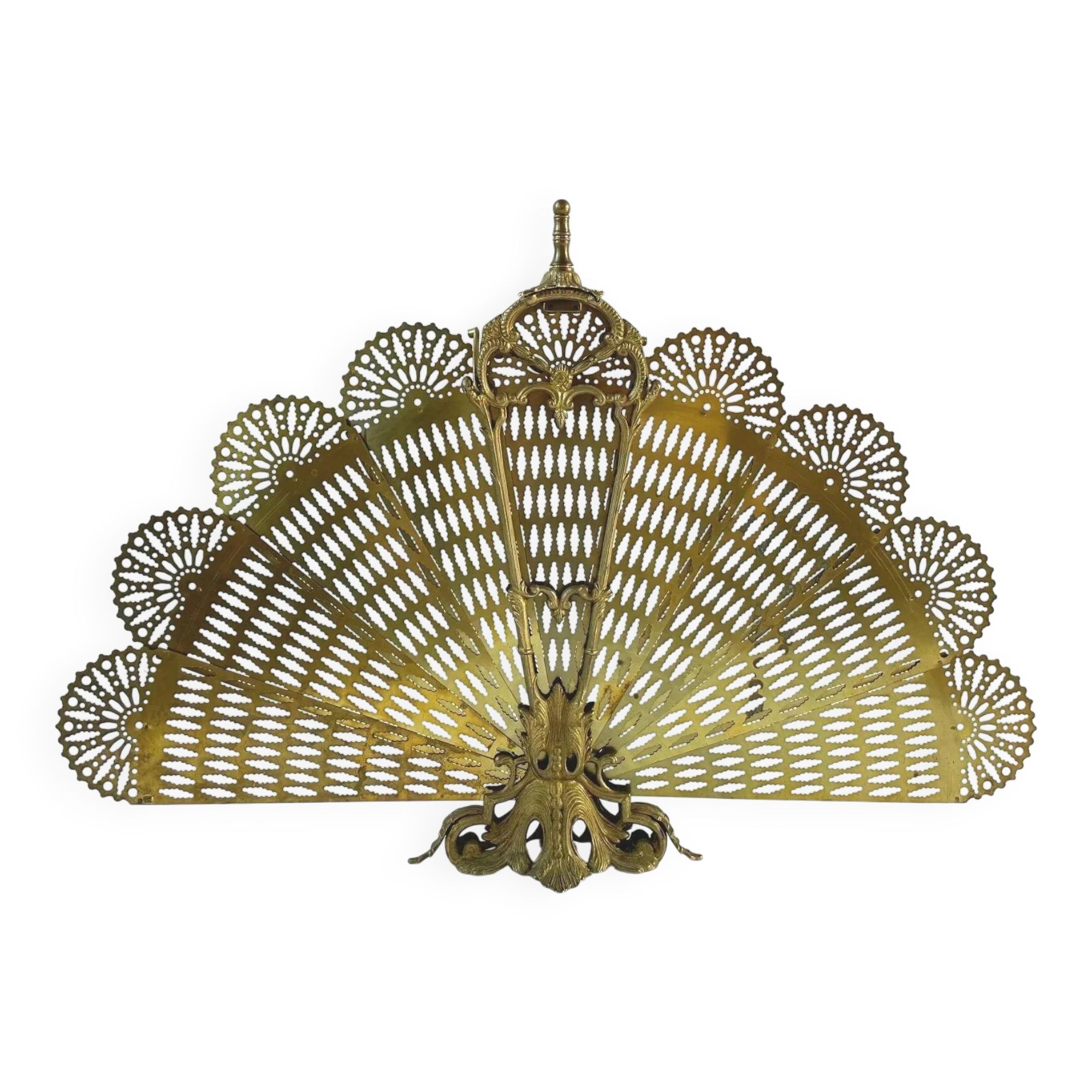 Vintage French brass fire screen, peacock design, 20th century.