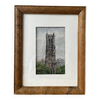 Old drawing signed Jean Tariol “The Saint Jacques Tower”