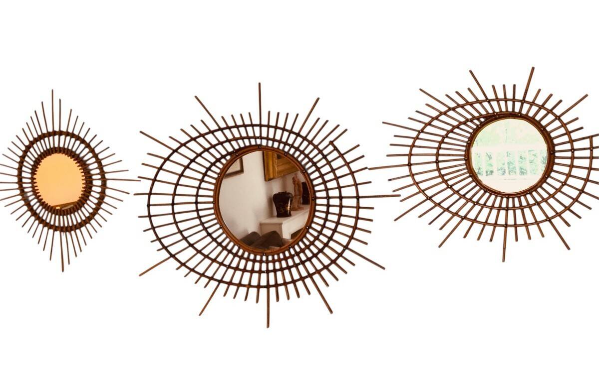 Set of 3 Rattan and Bamboo Mirrors, 1950s/60s