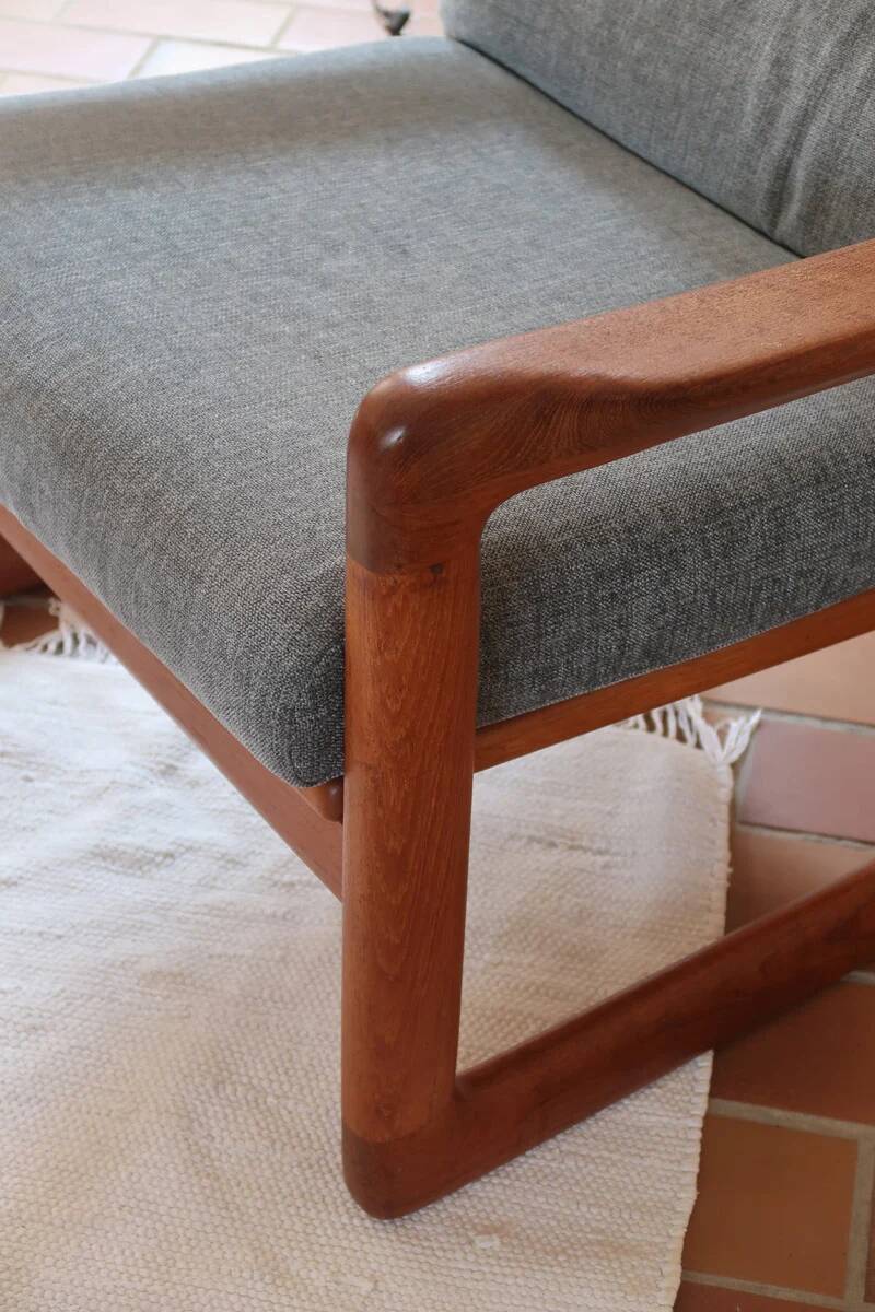Scandinavian armchair in teak Komfor, blue-grey fabric, 1960s, sled base (2 available)