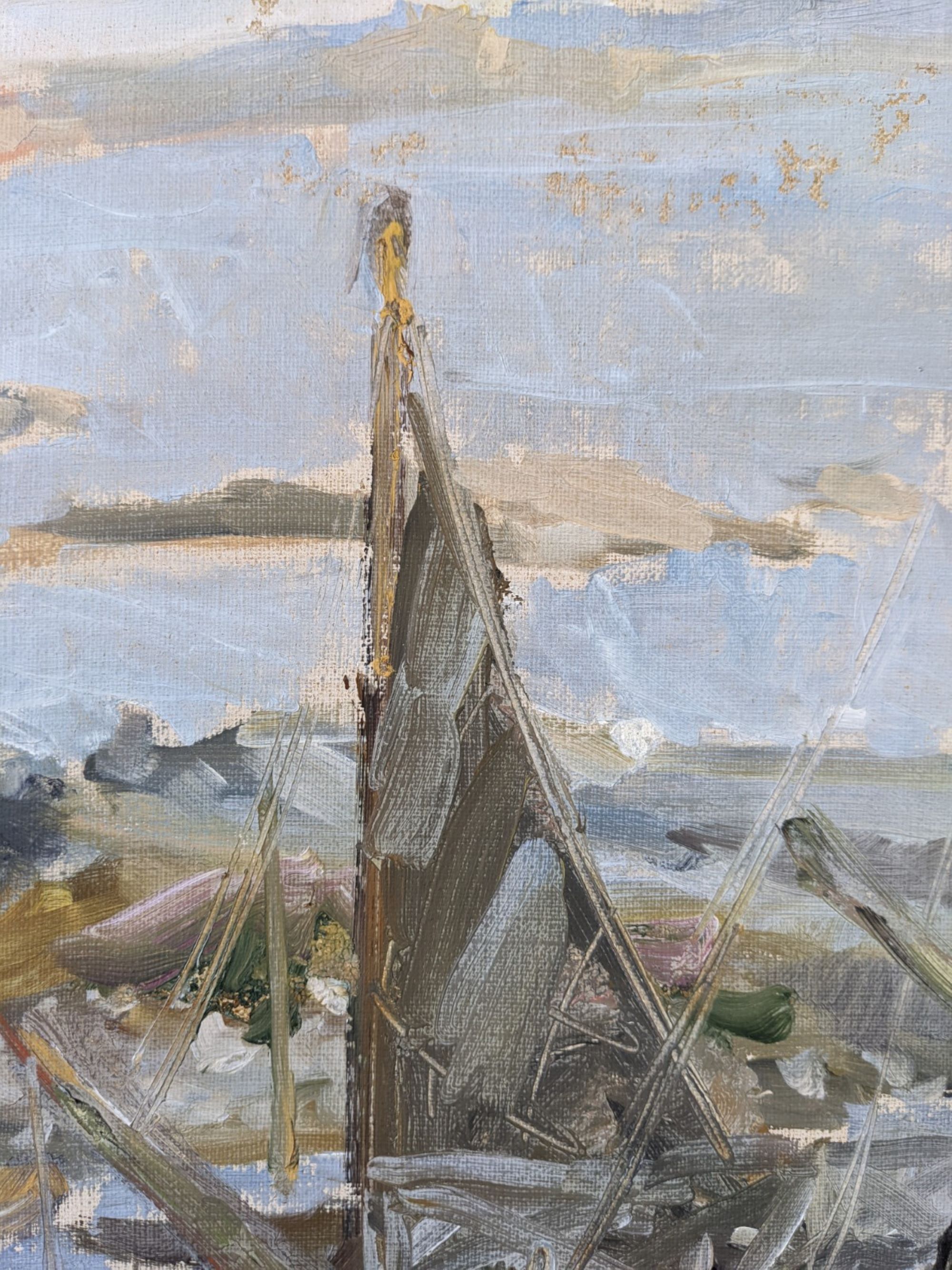 Mid-century modern swedish "archipelago boats" vintage seascape, framed oil painting