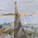 Mid-century modern swedish "archipelago boats" vintage seascape, framed oil painting