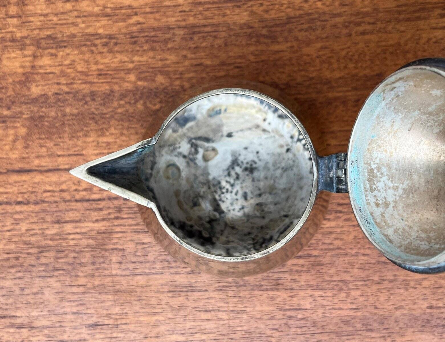 Metal Art Deco teapot, sugar bowl, milk jug, 1960s, set of 3