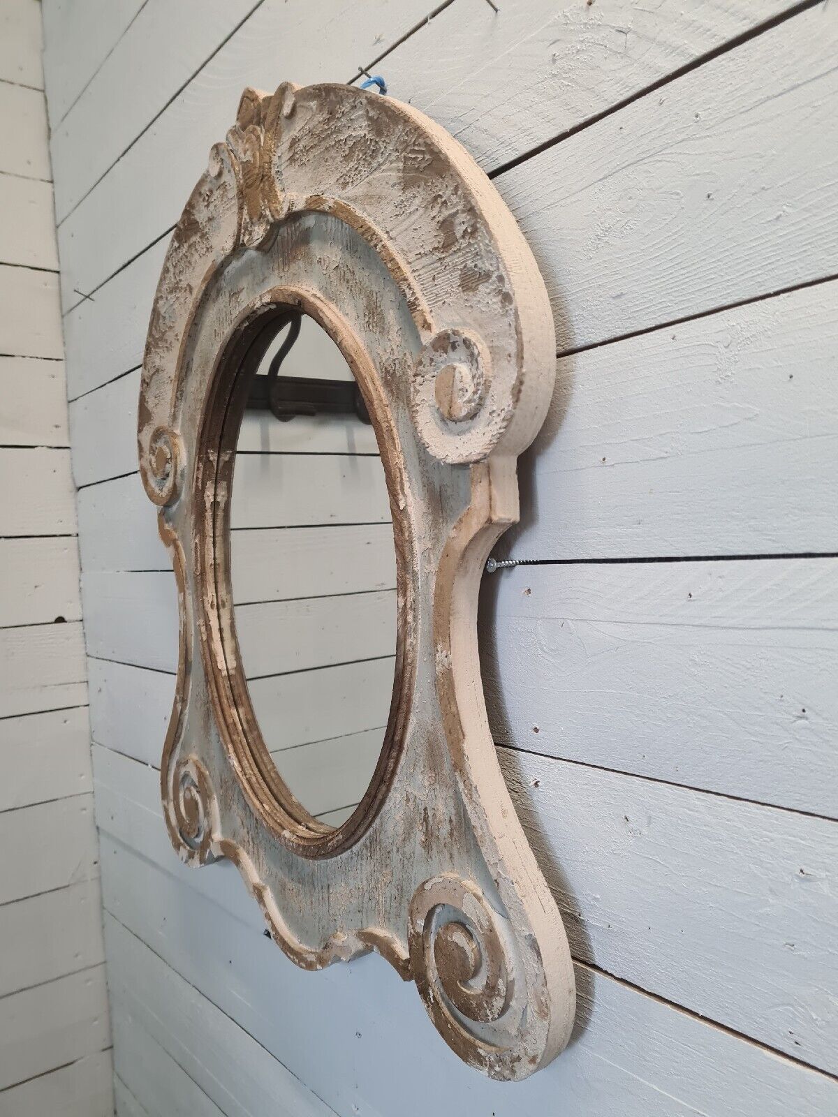 Miroir oeil de boeuf en bois patiné