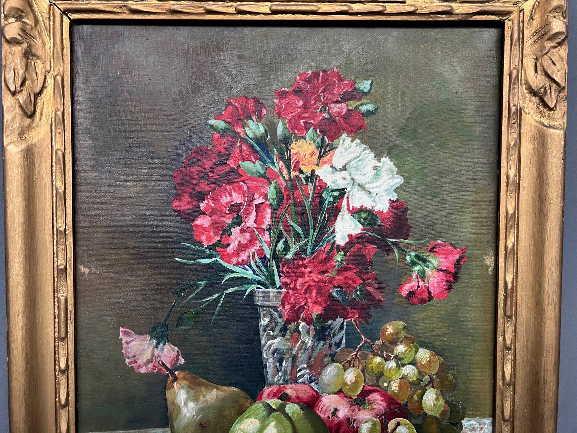 Old painting “Still life with flowers and fruit”.