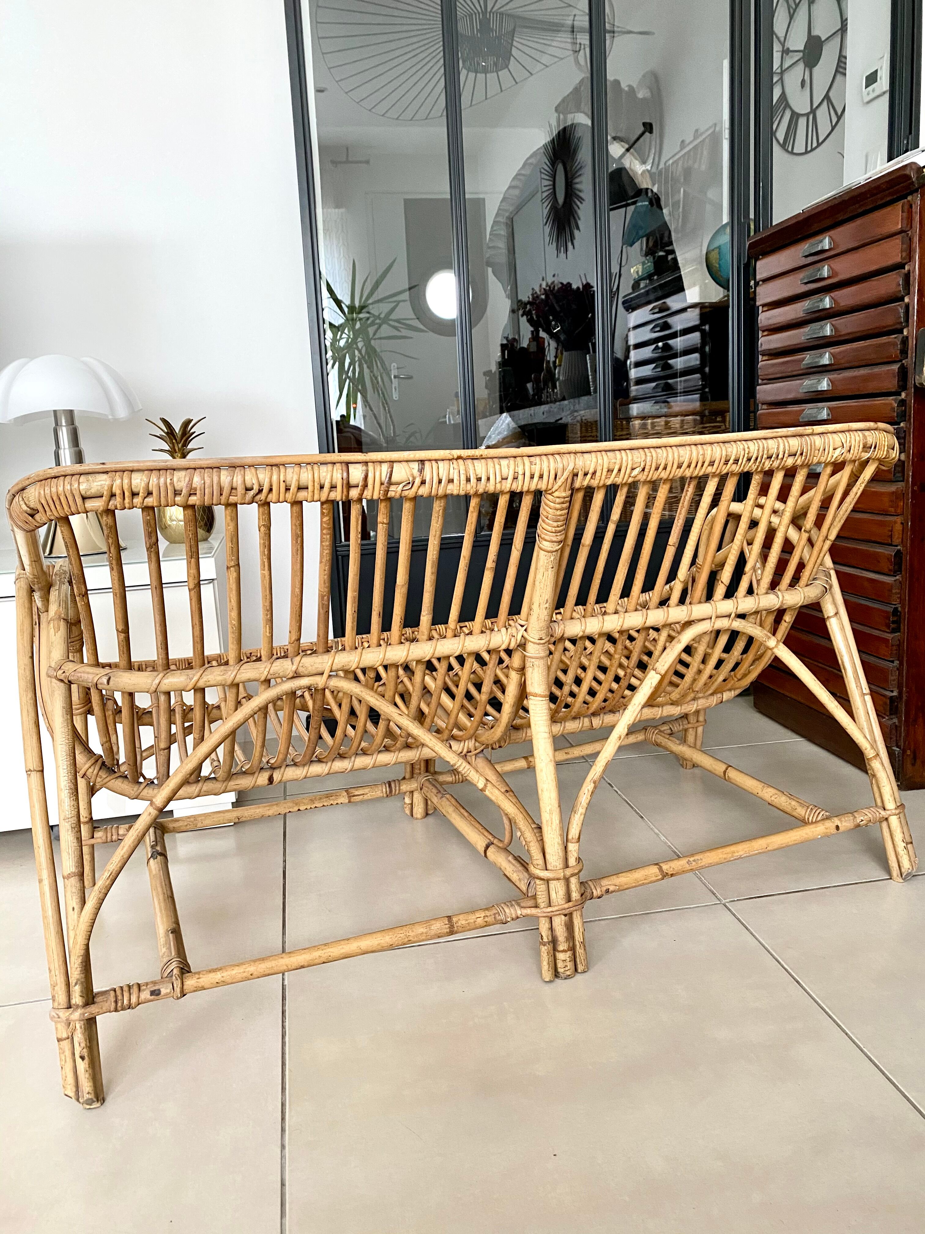 Vintage rattan bench sofa