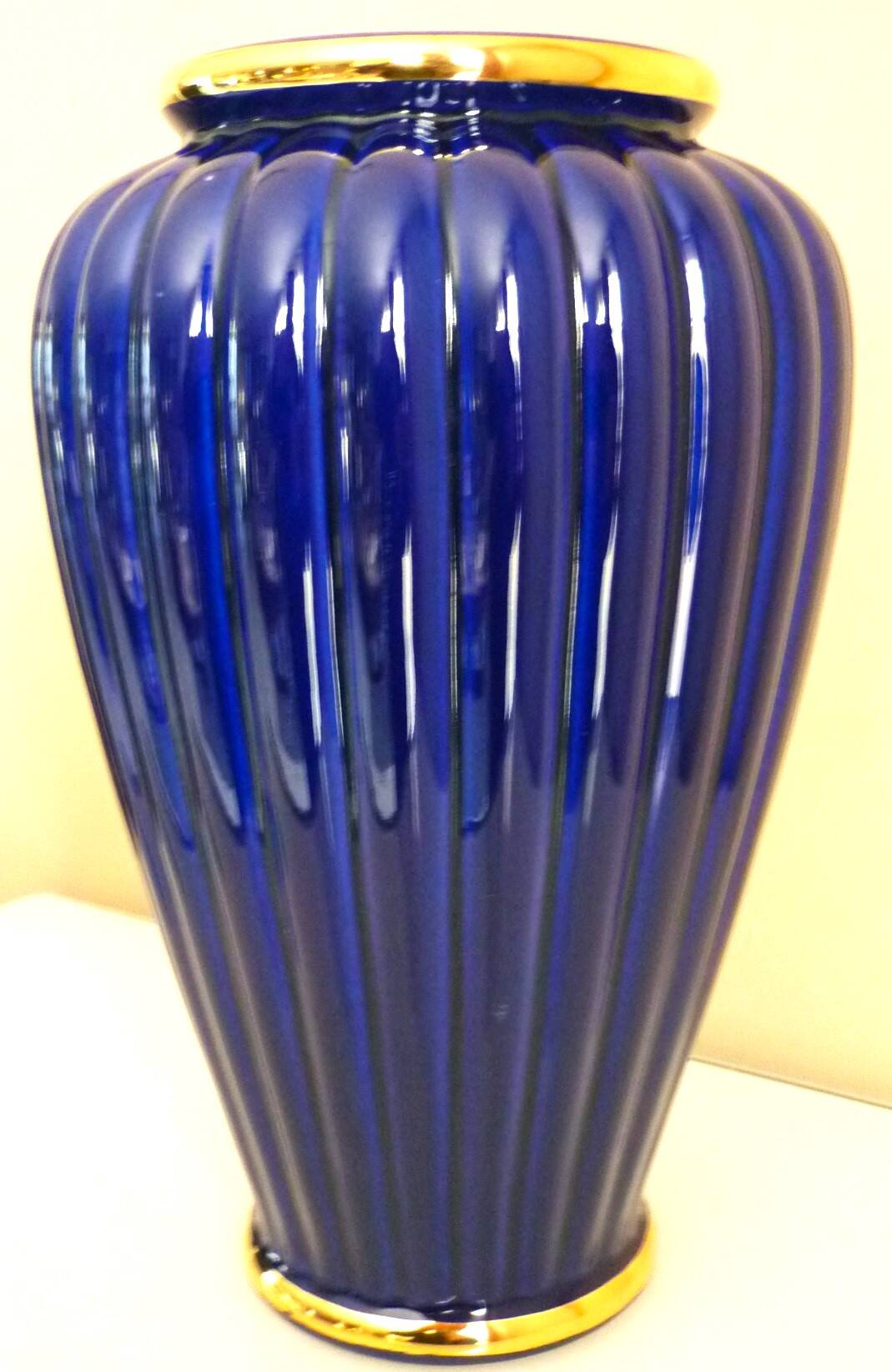 Vintage glazed ceramic vase, cobalt blue and gilt, Lancel Paris