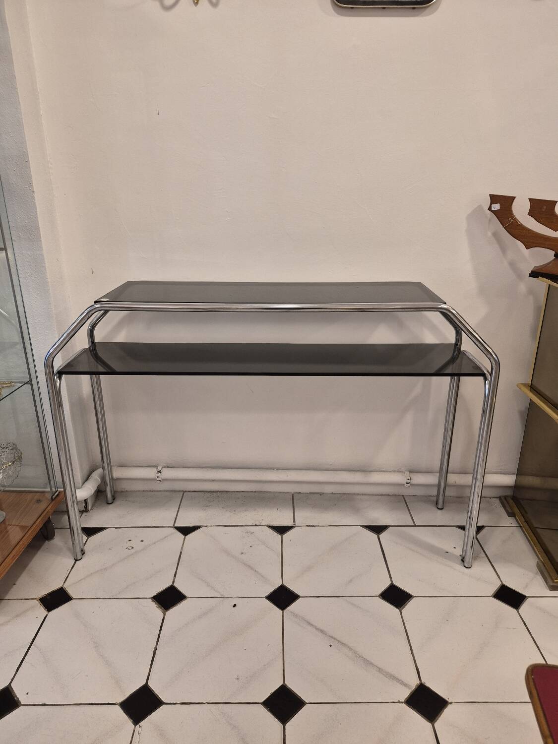 Vintage console en verre fumé et chrome