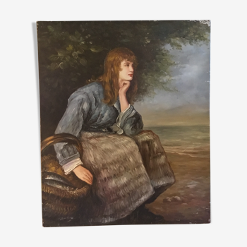 Femme pensive ancienne huile sur toile