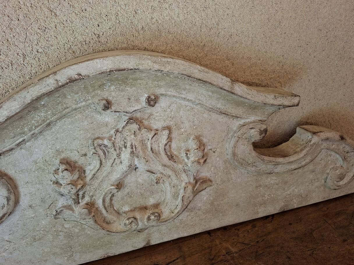 Antique wooden furniture pediment, pale green patina