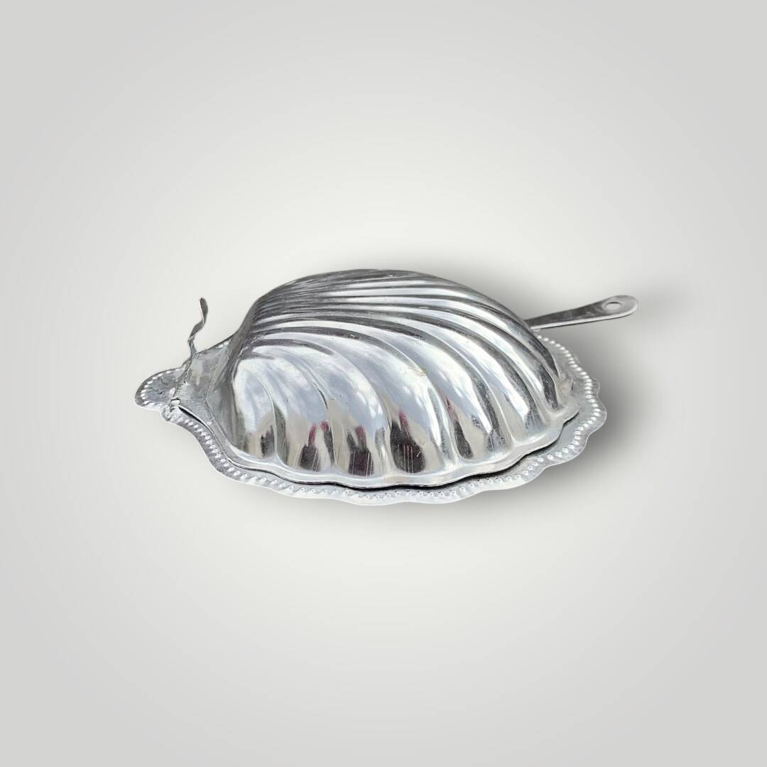 Vintage shell butter dish in stainless steel and cobalt blue glass with knife