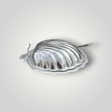 Vintage shell butter dish in stainless steel and cobalt blue glass with knife