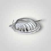 Vintage shell butter dish in stainless steel and cobalt blue glass with knife