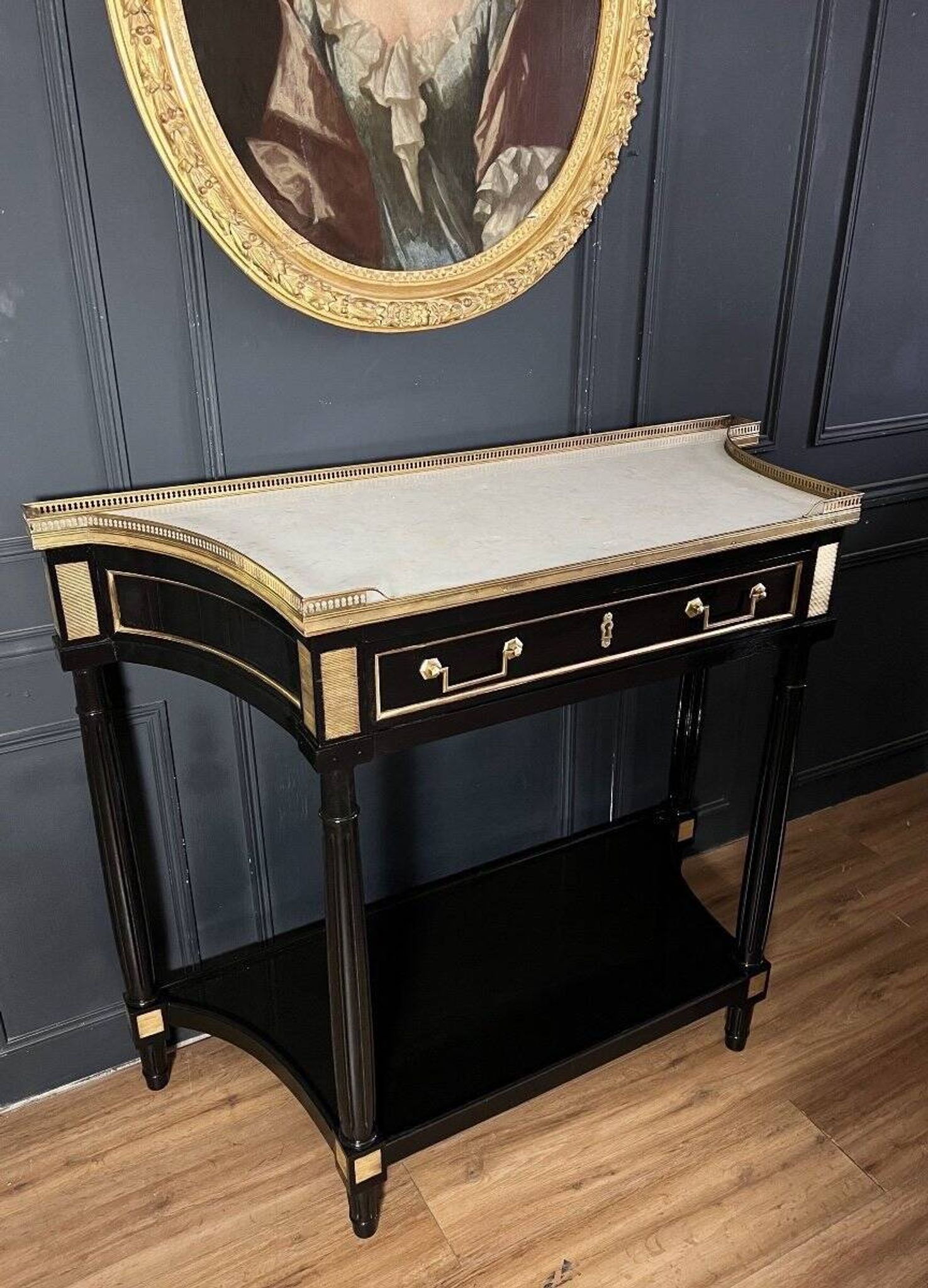 Pair of Louis XVI Style Black Lacquered Wood Console Tables