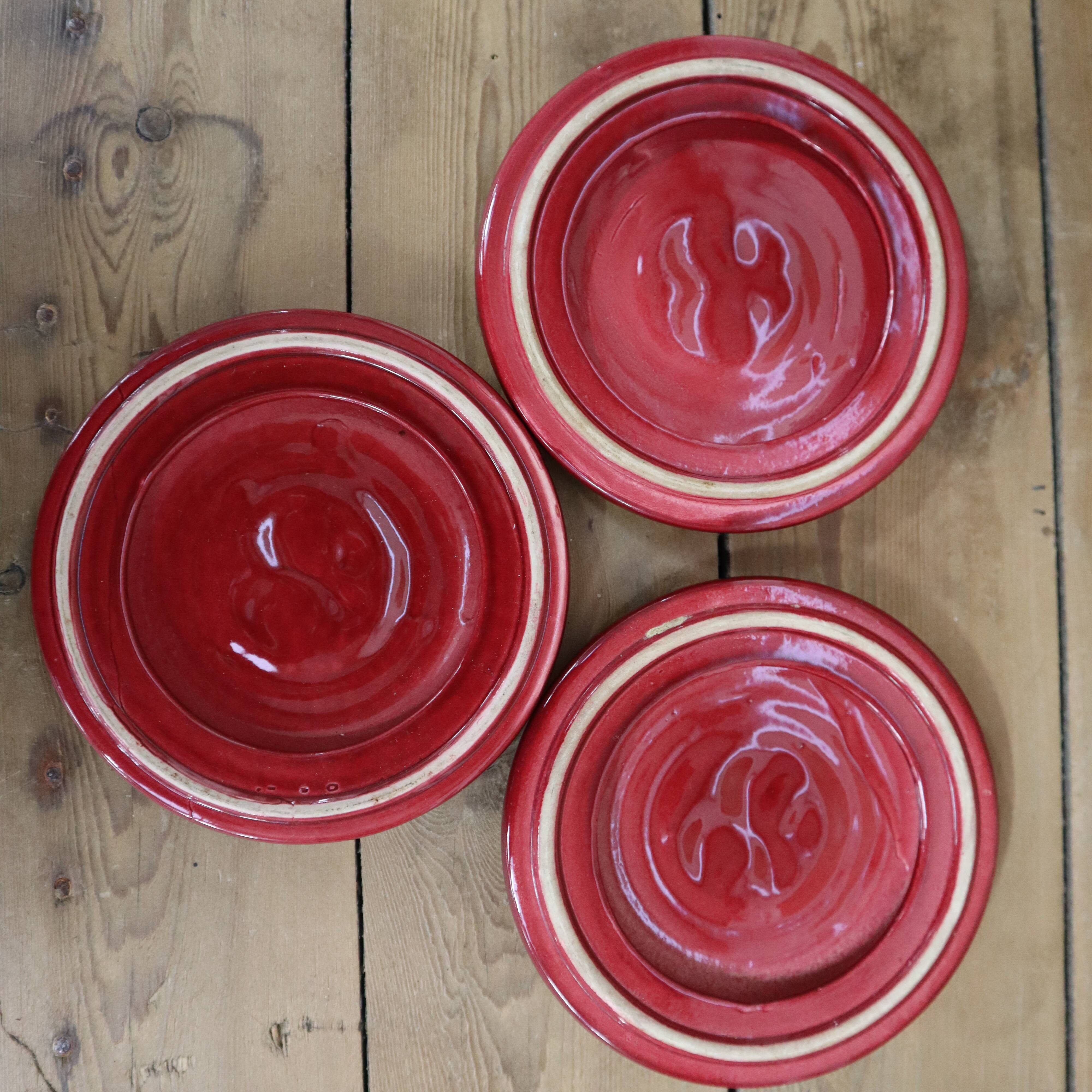 3 small vintage burgundy duck coasters or glasses with gold edging