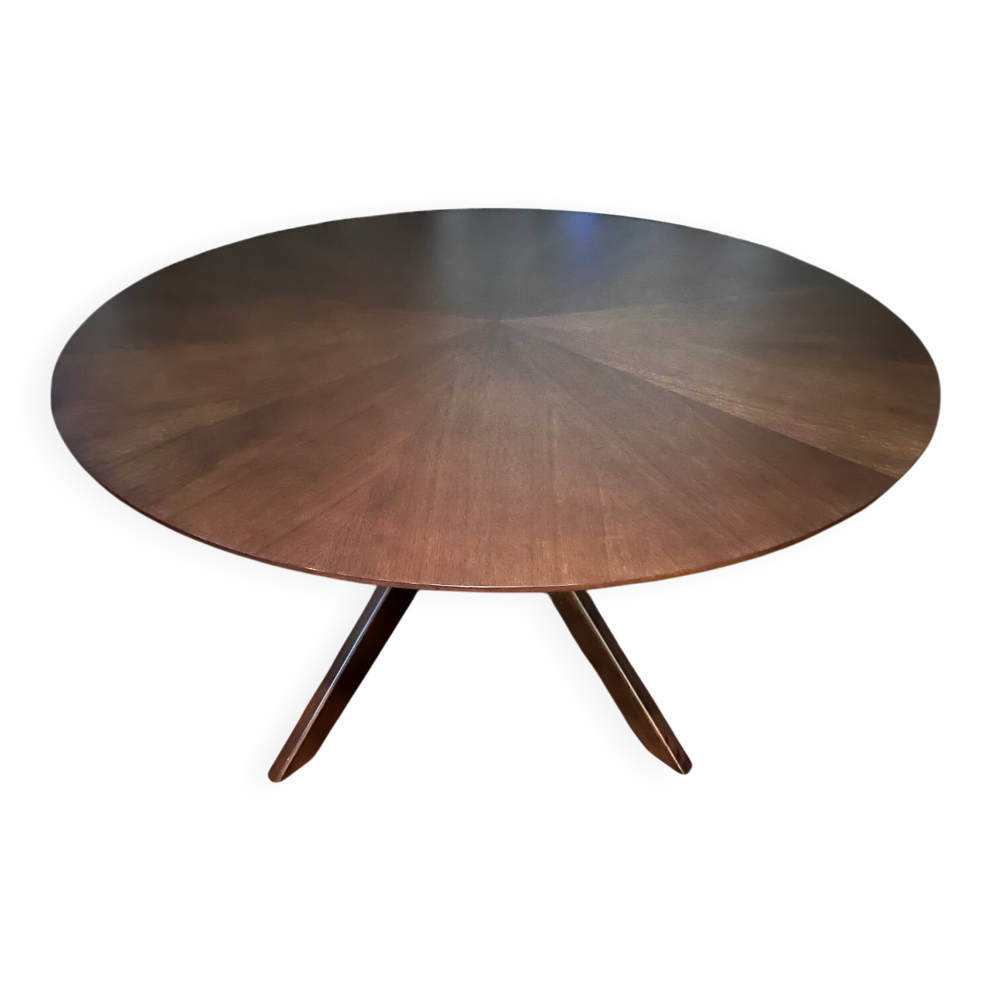 Round table made of solid wood with a walnut finish top.