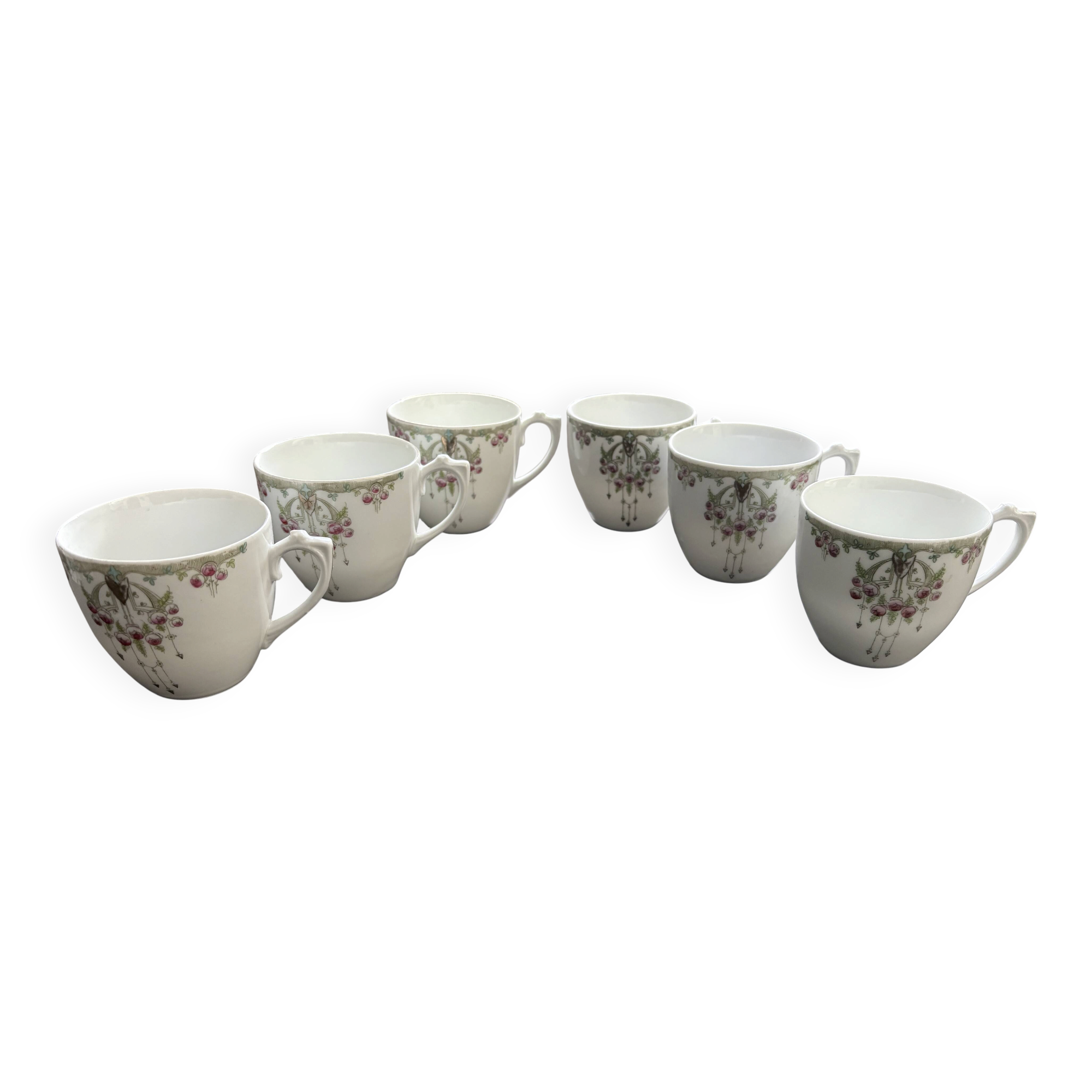 Service of 6 Fine Porcelain Cups with Art Nouveau Rose Decoration