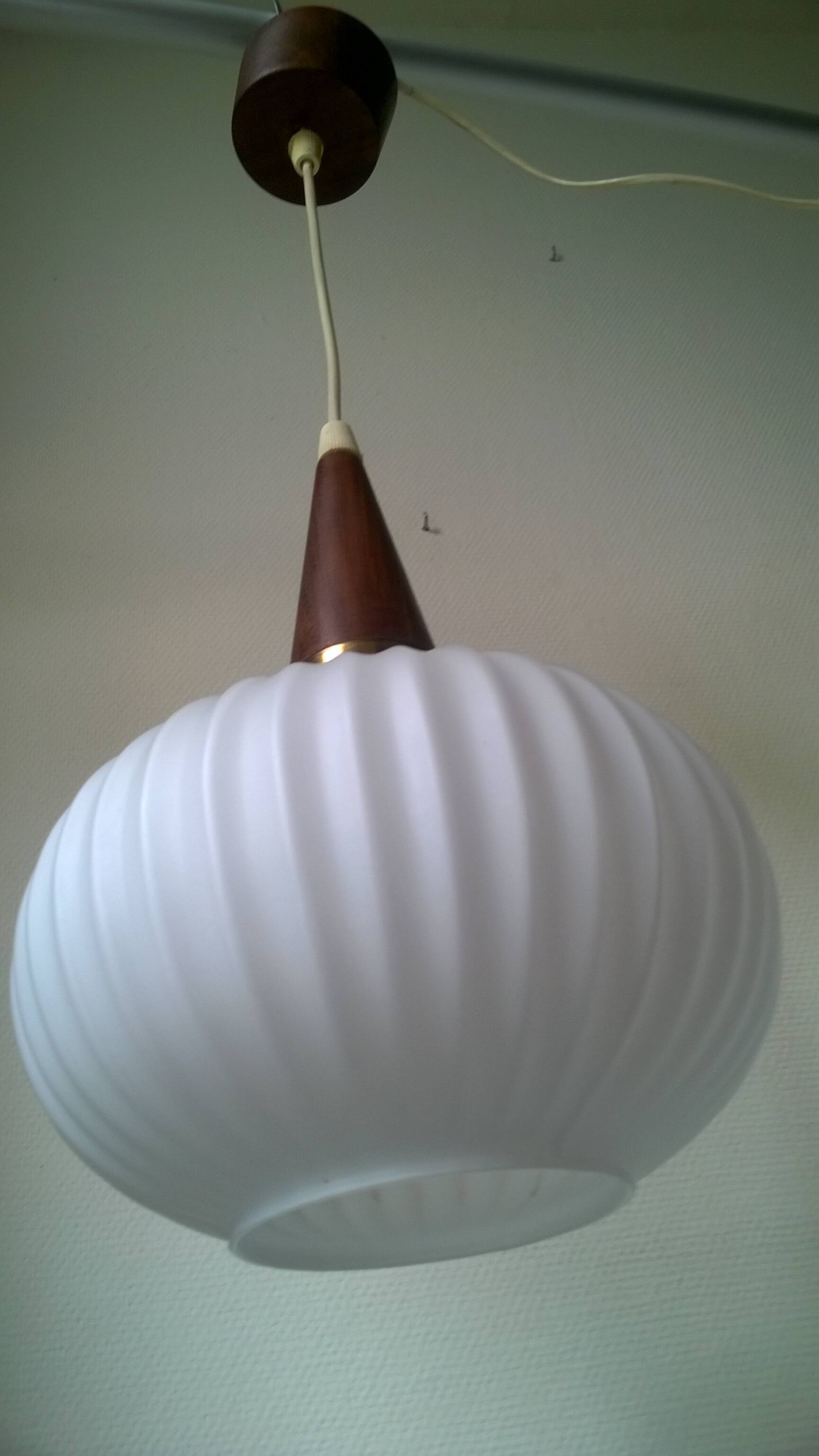 Vintage suspension in opaline, teak and brass by Louis Kalff c.1960