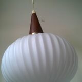 Vintage suspension in opaline, teak and brass by Louis Kalff c.1960