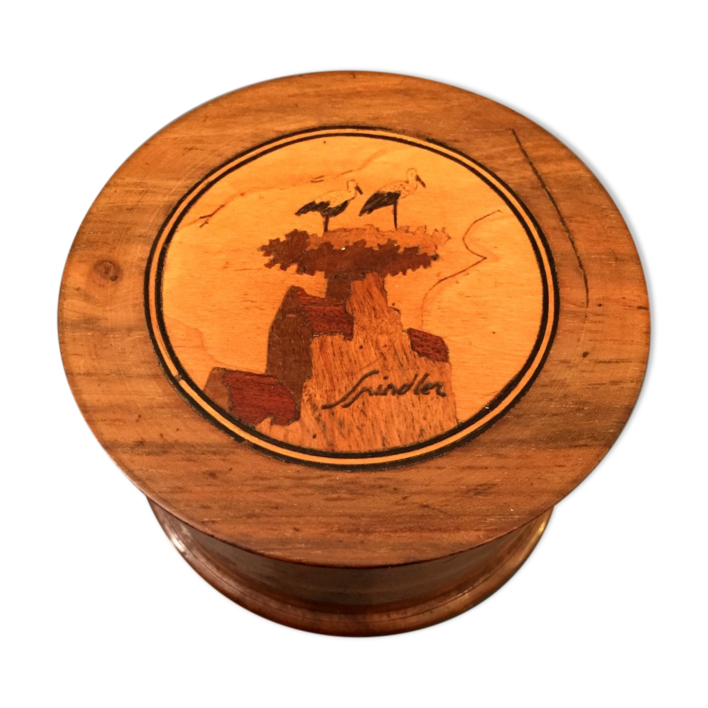 Decorative walnut box and spindler marquetry stork's nest