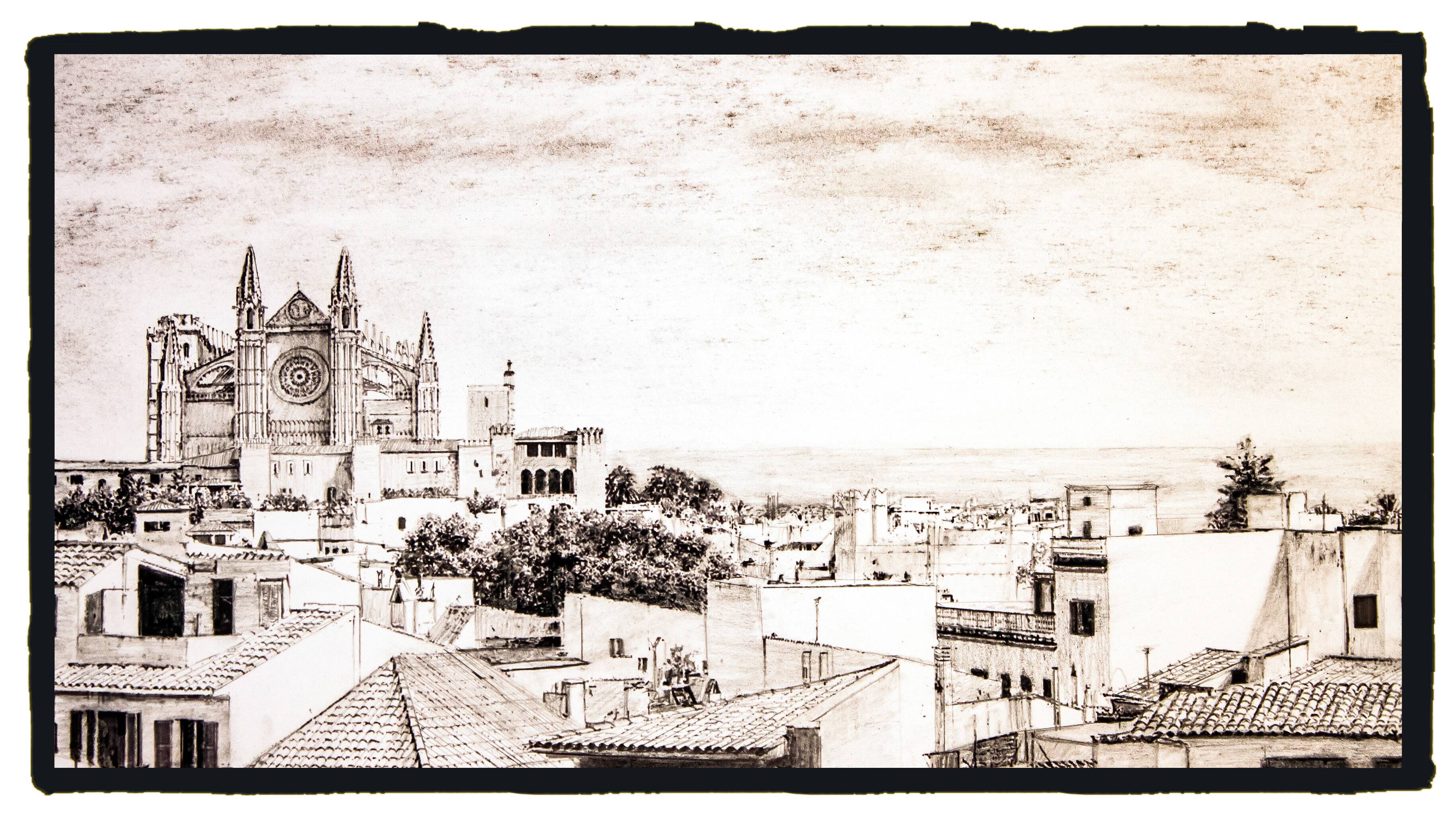 Description of a panoramic view of Mallorca. mallorca drawing. cuadro mallorca.