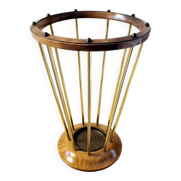 Porte-parapluie en bois et laiton, années 1950