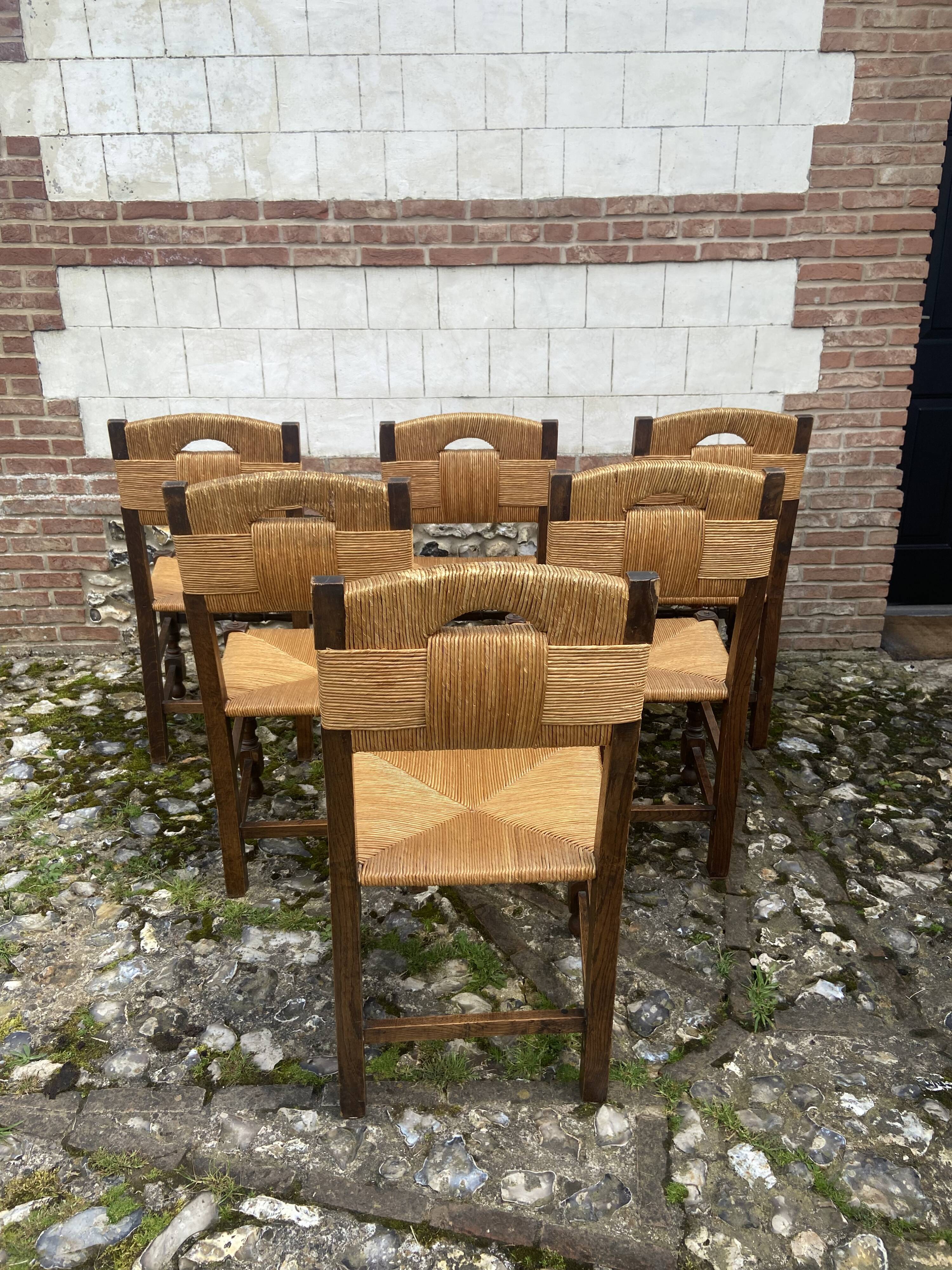 Six brutalist chairs straws and wood 60s