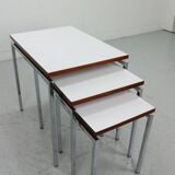 White Nesting Table Set with chrome frame and wood detail, 1970s