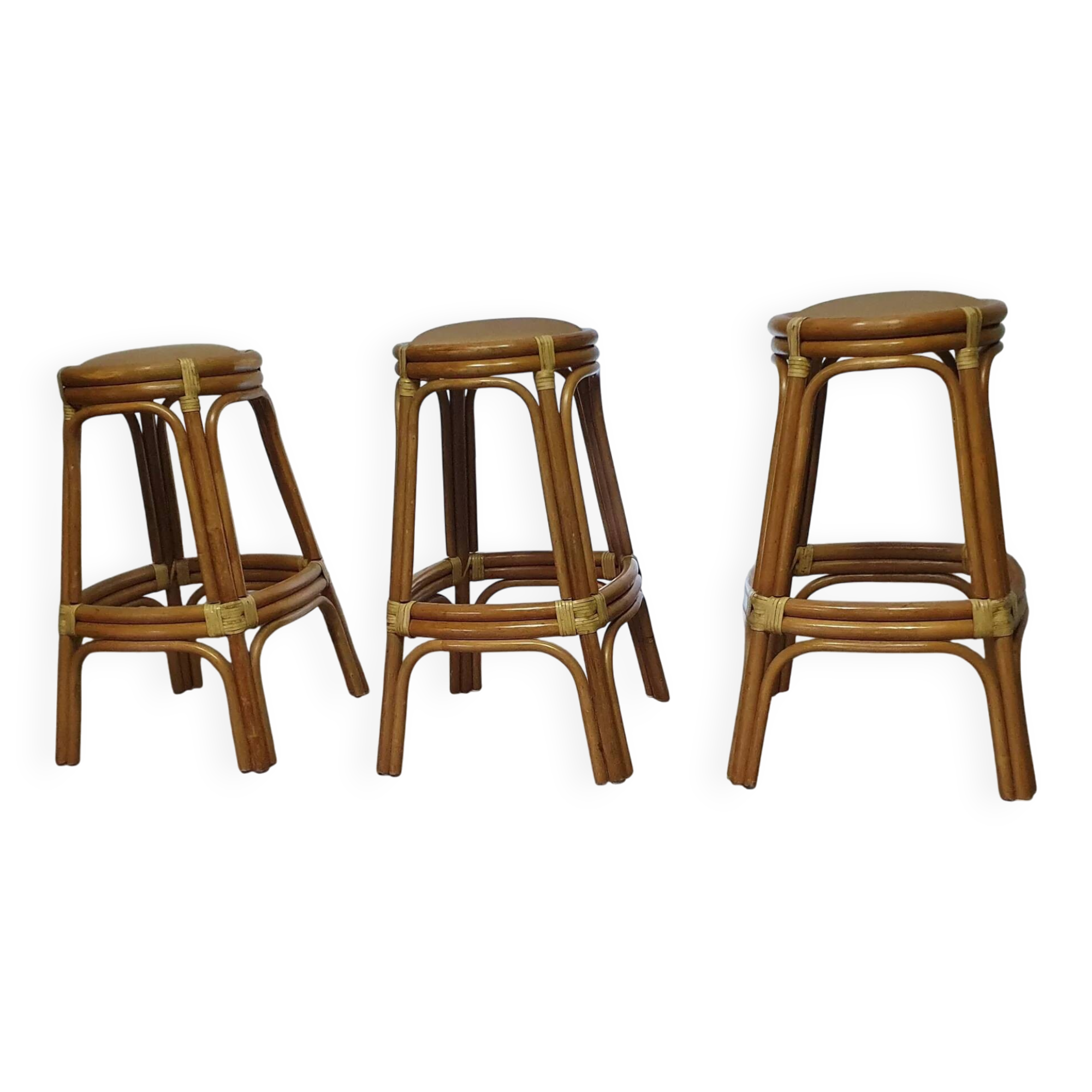3 x bamboo stool with leather laces / 70s