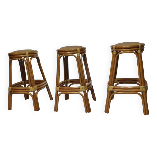 3 x tabourets en bambou avec lacets en cuir / années 70