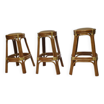 3 x tabourets en bambou avec lacets en cuir / années 70