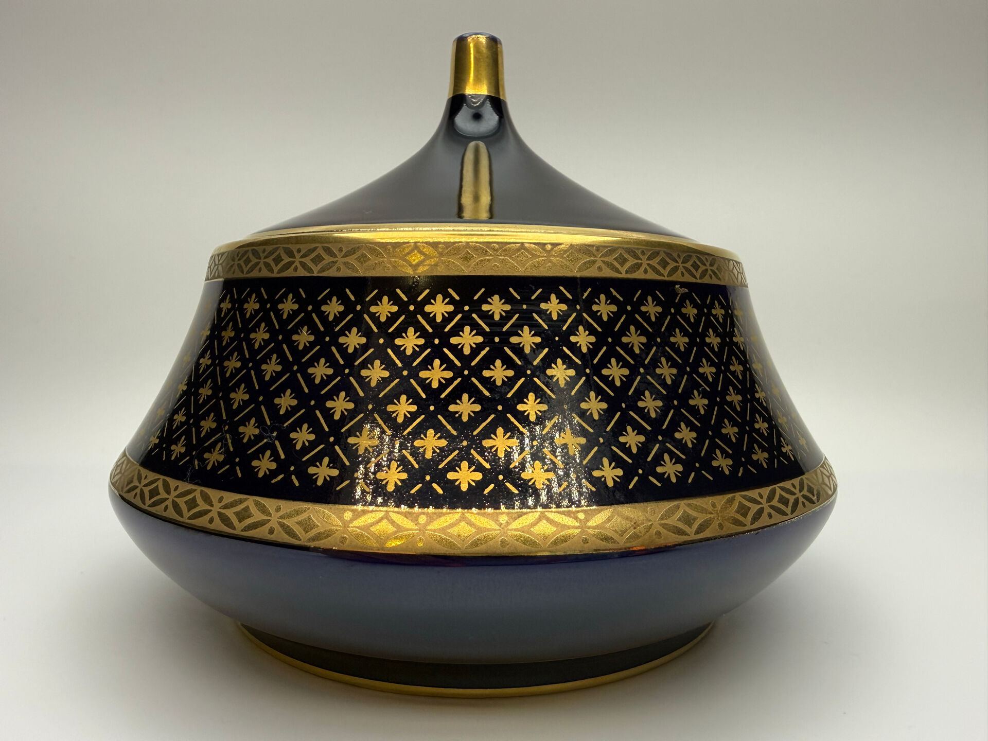 Vintage cobalt blue and gold porcelain bonbonnière.