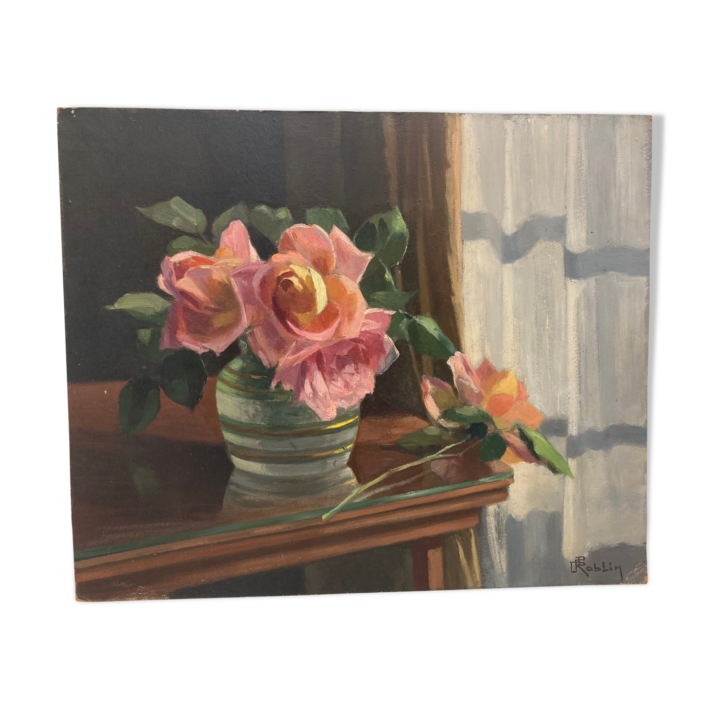 Tableau bouquet de roses devant la fenêtre